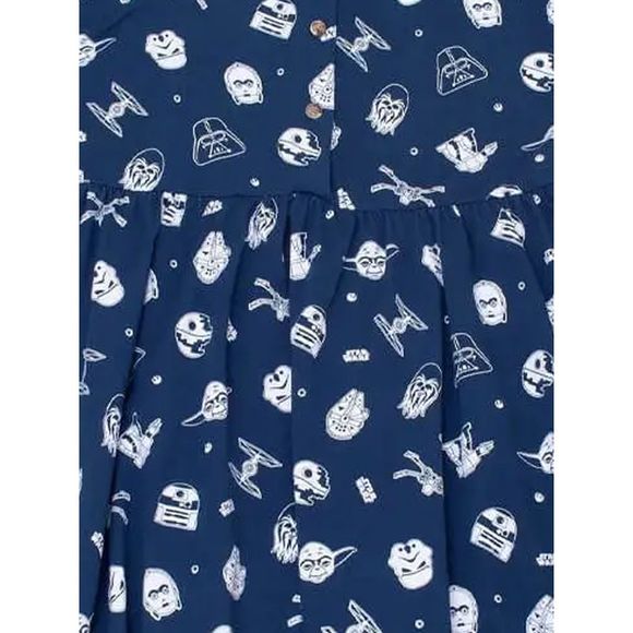 Cakeworthy Star Wars Button Dress Navy Blue All-Over Print Darth Vader Yoda - Picture 3 of 3